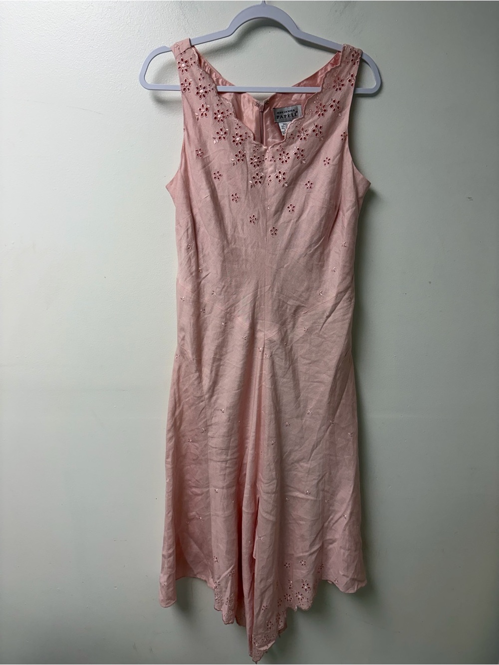 Adrianna Papell Vintage Eyelet Asymmetric Linen Blend Pink Midi Dress Size 12